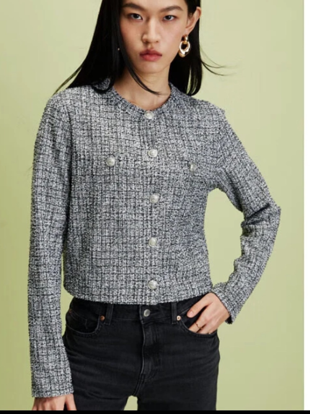 H&M Black White Tweed Cropped Jacket XS Pearl Button Blazer
